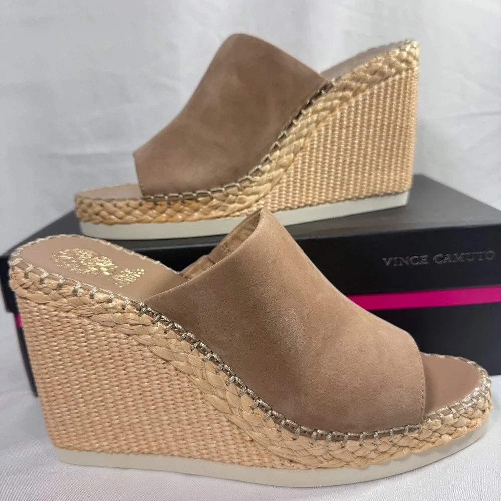 New Vince Camuto Brissia Tortilla Nubuck Espadrille Platform Wedge Mule Size 11M
